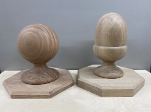 Summer house finials, a Sapele ball finial and an Oak acorn finial